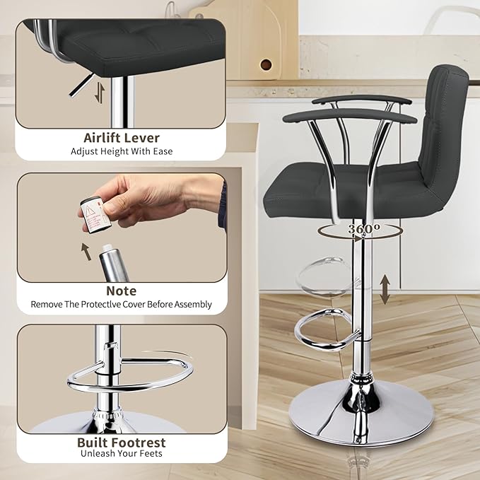 Bar Stools Set of 2, Armrest Adjustable Swivel Barstools - Image 5
