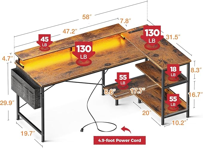 ODK 58 Inch Gaming Desk with USB Charging Ports and LED Lights, Reversible L - Image 3