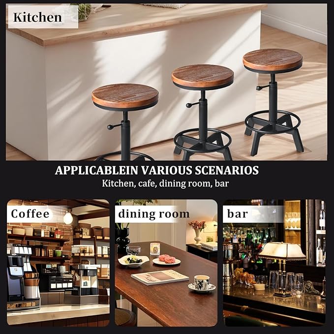 Set of 2-Industrial Bar Stool-Counter Height Chairs- Swivel Wooden Seat- - Image 5