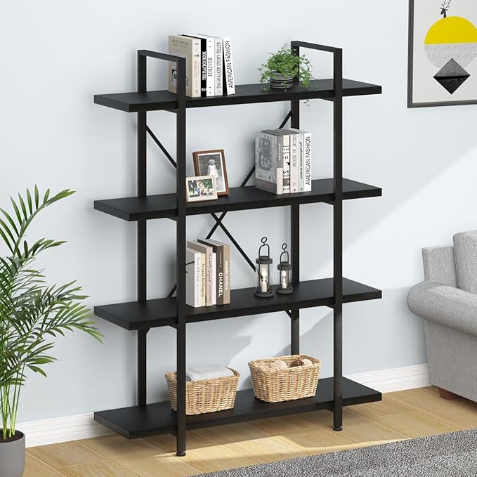 HSH 4 Tier Black Bookshelf, Industrial Metal Wood Storage Book Shelves - Image 9