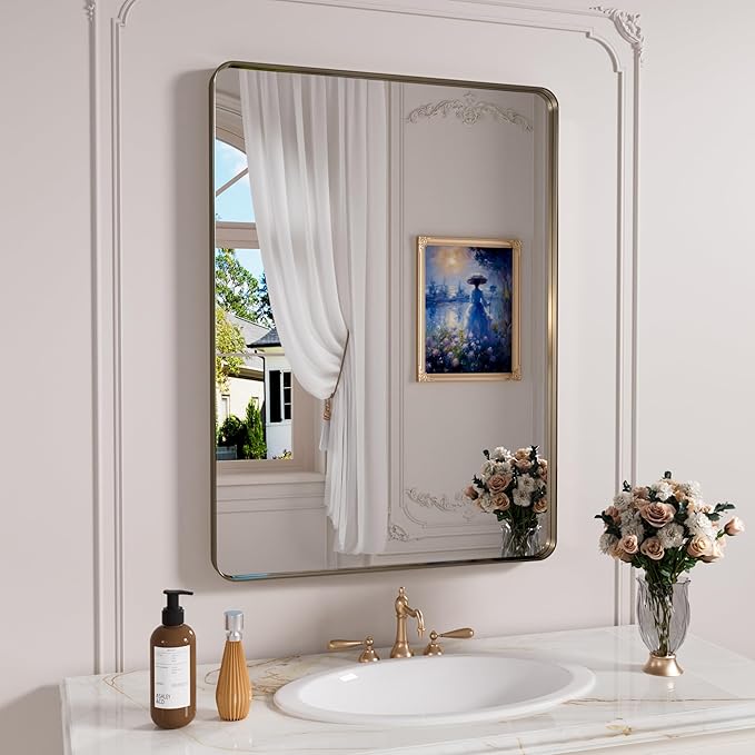 Bronze Bathroom Mirror 24x36 Inch, Brushed Bronze Metal Frame Mirror by JISOSO