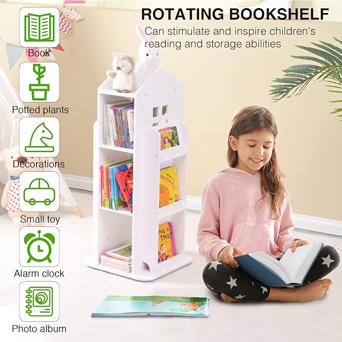 Rotating Bookshelf, 360 Display 3 Tier Floor Standing Bookcase Storage Rack - Image 3