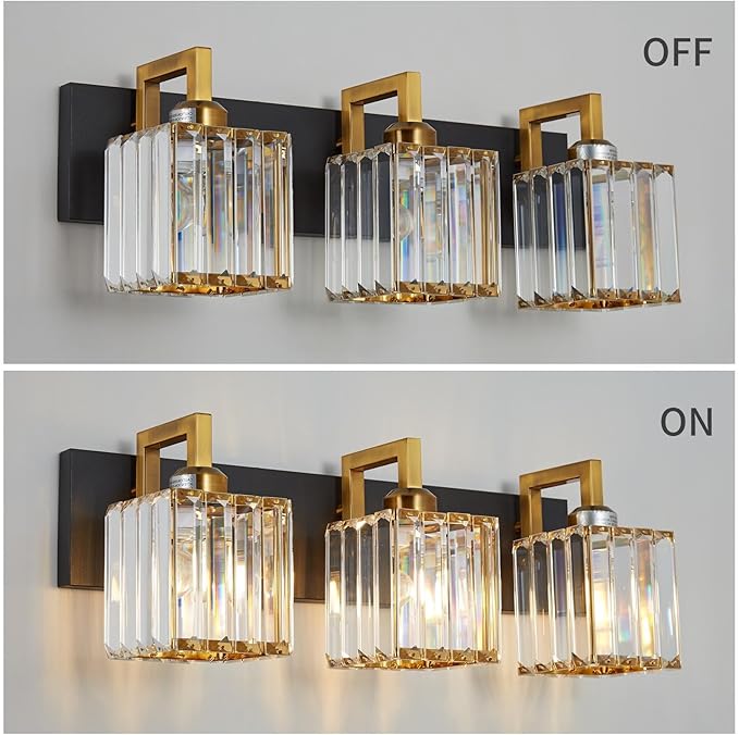 Modern Bathroom Vanity Light 3-Lights Black Gold Crystal Wall Lamp Bathroom - Image 4
