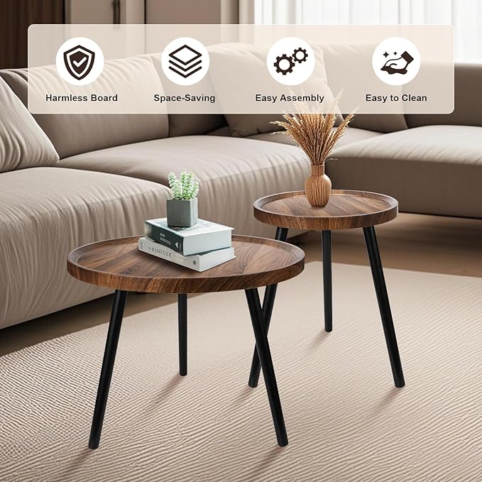 Nesting Coffee Table Set of 2, Modern Round Coffee Tables Nesting Side Table Set - Image 2
