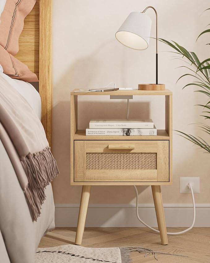 Rattan Nightstand with Charging Station, Small Night Stand, Side Table with - Image 6