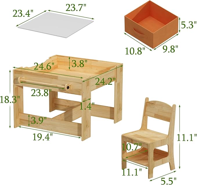 Pinewood Kids Table and Chair Set, 3 in 1 Toddlers Wooden Art Activity Table - Image 7