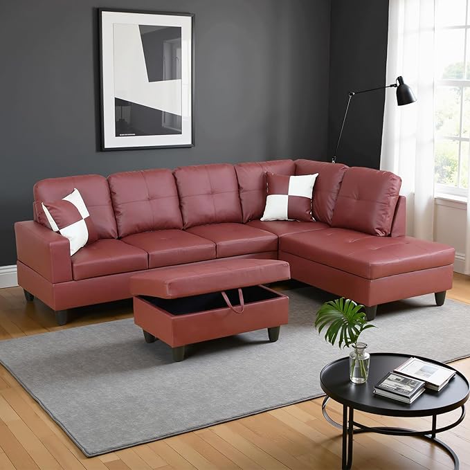 Couches for Living Room Faux Leather L Shaped Couch Comfy 3 Pieces Sectional by LynginsCreativeLife