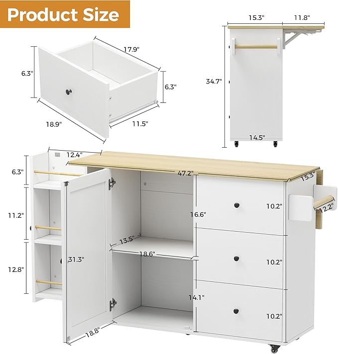 IRONCK Kitchen Island with Storage, 47.2in Rolling Island on Wheels, Kitchen - Image 2