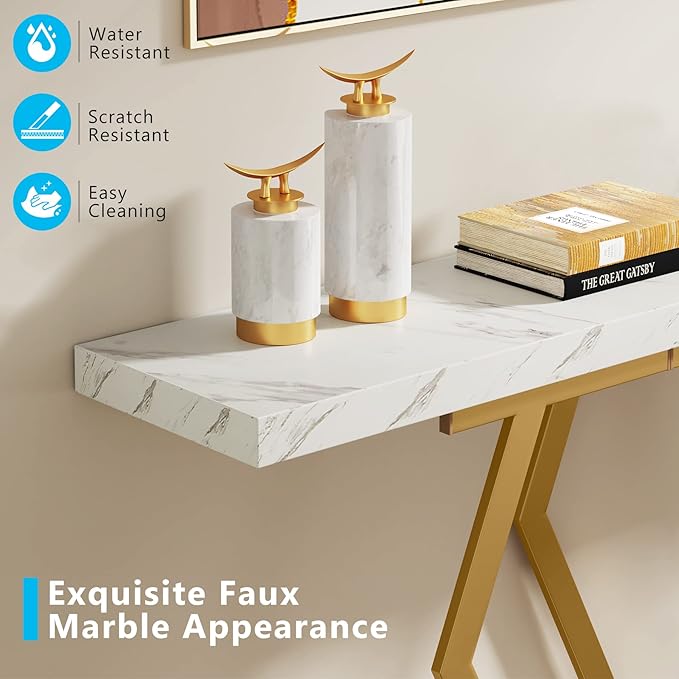 Tribesigns 70.9 Inch Extra Long Sofa Table， White and Gold Console Table - Image 7