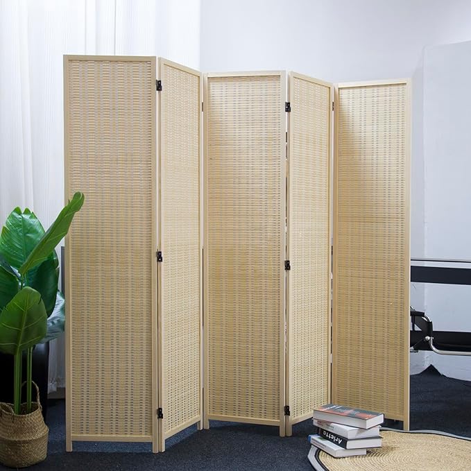 5 Panel Room Divider and Folding Panel Screen, Bamboo Panel Divider Screen - Image 5