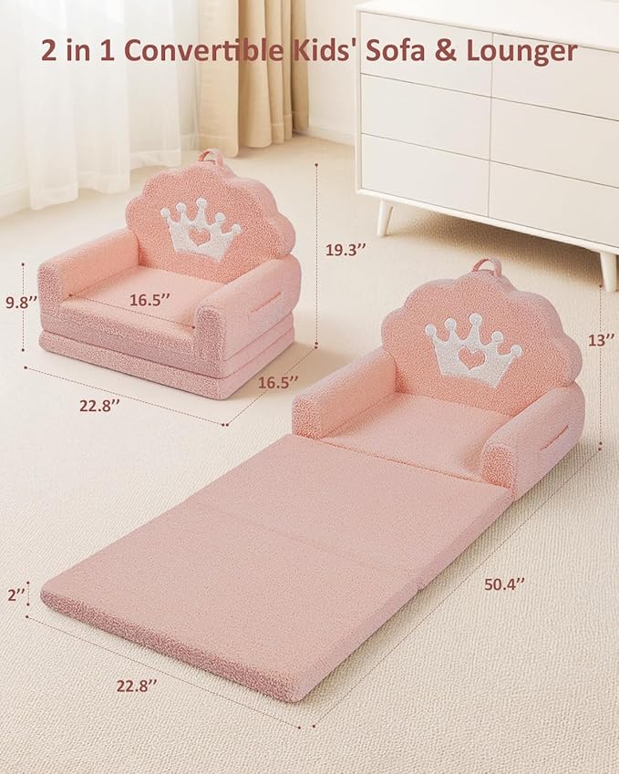 2-in-1 Kids Couch Fold Out, Soft Teddy Sherpa Toddler Couch - Image 3