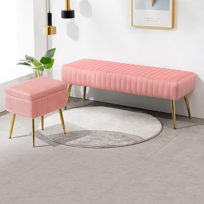 Furniliving 44 Inch Velvet Bench, Upholstered Tufted Striped Fabric Bedroom - Image 9