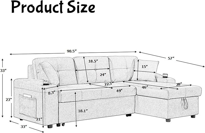 L Shape Pull Out Sofa Bed with Cup Holder, Convertible Sectional Couch with - Image 2