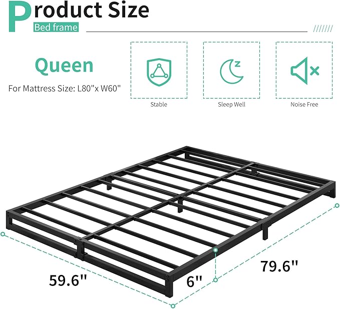 6 Inch Bed Frame Queen Size Heavy Duty Steel Slat Support Metal Platform Queen - Image 2