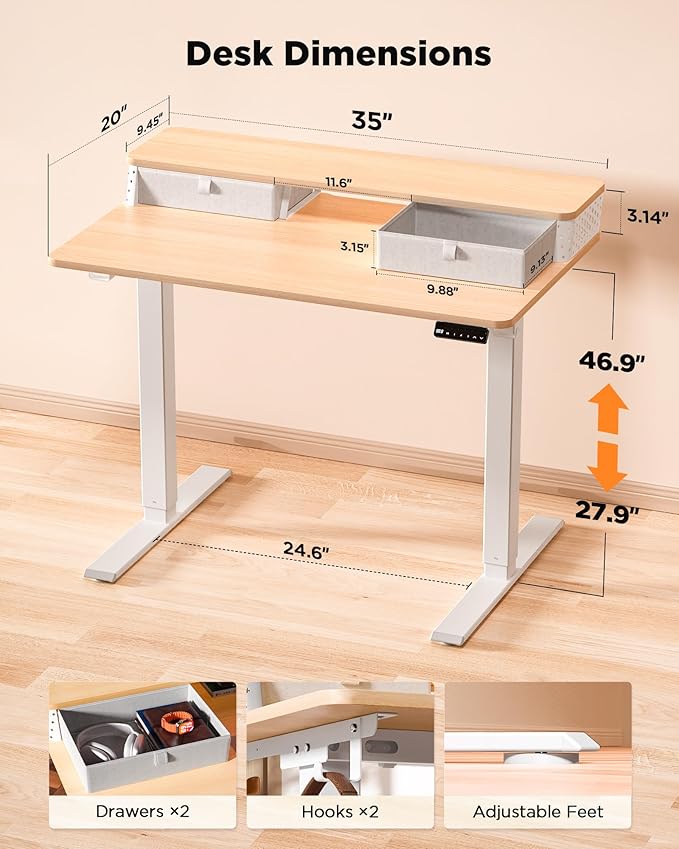 35x20 Inch Standing Desk with Double Drawers, C-Clamp Mount Compatible - Image 3