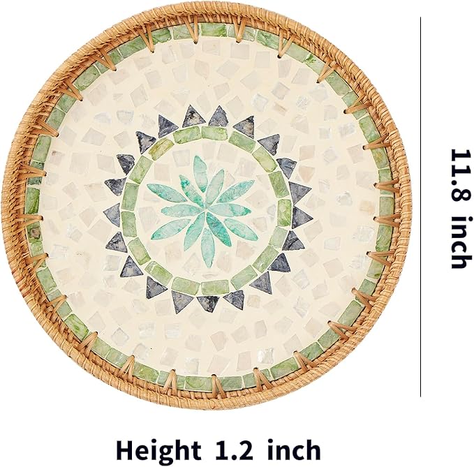 Round Rattan Tray with Mother of Pearl Inlay, Rattan Serving Tray with Wooden - Image 6