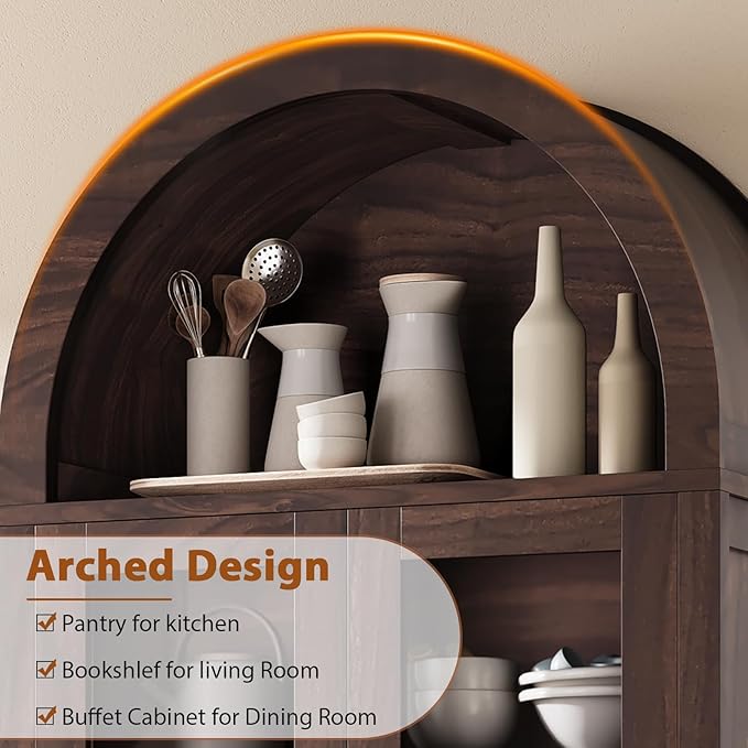 Kitchen Pantry Cabinet, Arched Bookshelf Bookcase China Pantry Storage Cabinet - Image 9