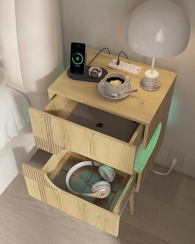 Nightstand with Charging Station and LED Lights, Modern Bedside Table with 2 - Image 9
