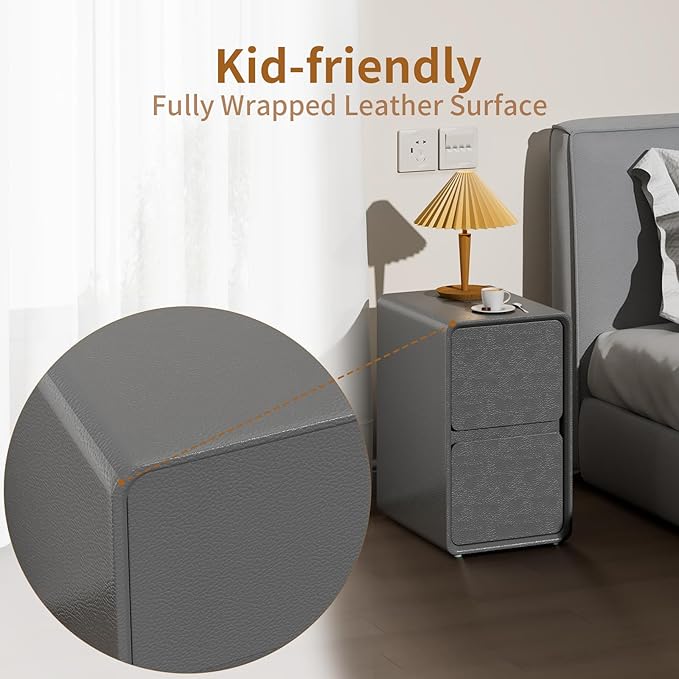 VICITON Modern Narrow Faux Leather Nightstand, Solid Wood Drawer, Storage - Image 8