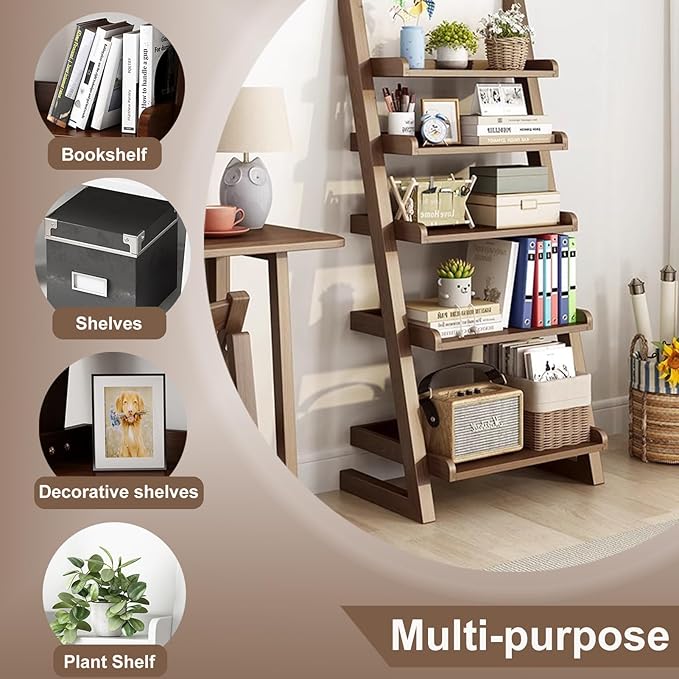 5-Tier Wooden Ladder Shelf Bookcase, H 55" Walnut Ladder Bookshelf Freestanding - Image 3