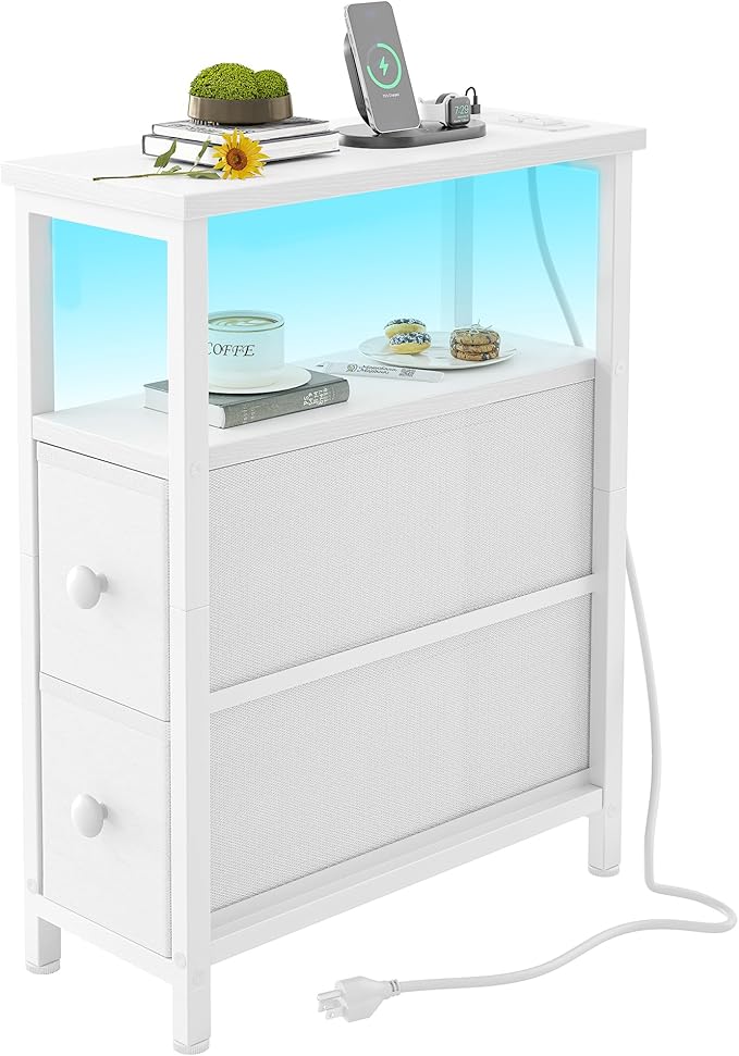 TIQLAB End Table with Charging Station, Narrow Side Table with 2 Fabric Drawers by TIQLAB