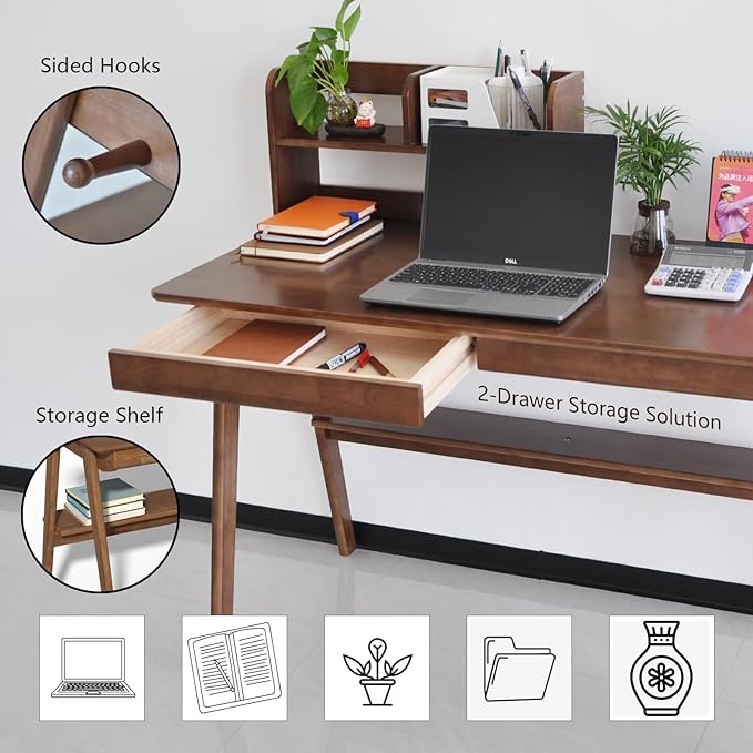 Oak Desk with Drawers, Solid Wood Desk with Bookshelf Small Computer Desk - Image 5