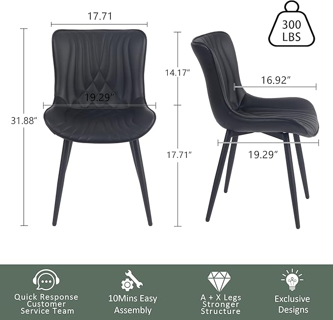 YOUTASTE Black Dining Chairs Set of 2 Upholstered Mid Century Modern Kitchen - Image 2