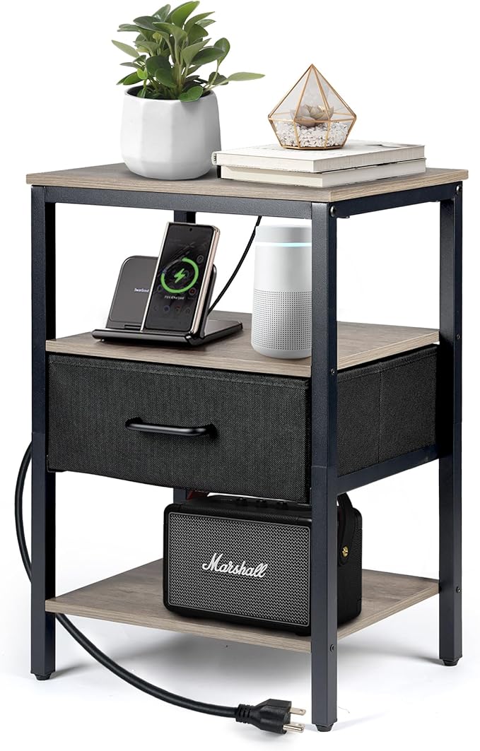 Nightstand with Charging Station, Bed Side Table with Fabric Drawer, 3-Tier by Upolana