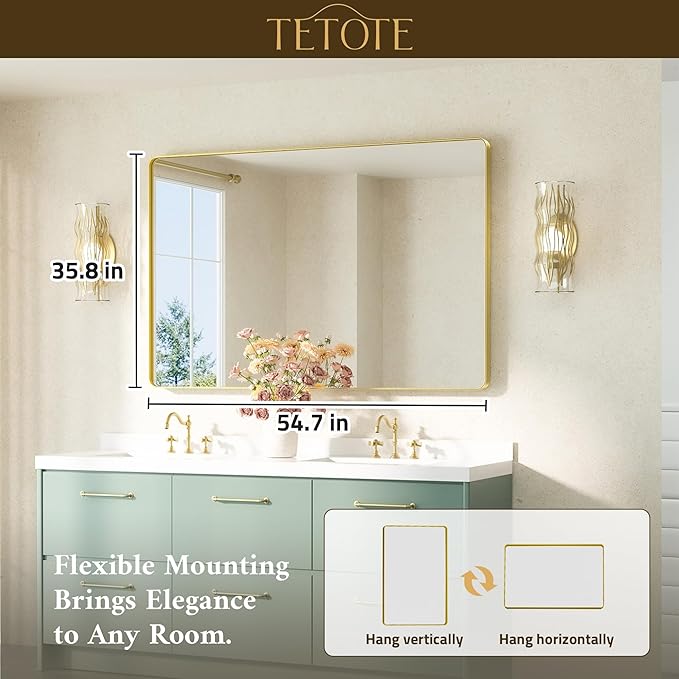 TETOTE 55 x 36 Gold Bathroom Mirror Brushed Gold Metal Framed Vanity Mirror - Image 7