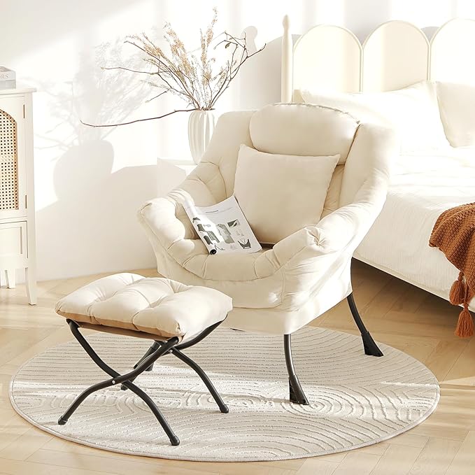Lazy Chair with Ottoman, Modern Lounge Accent Chair with Armrests and a Throw - Image 4