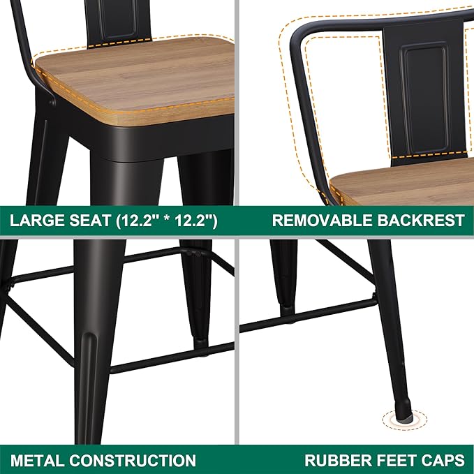 WENTMENT Bar Stools Set of 2 Counter Height Metal Barstools - Image 3