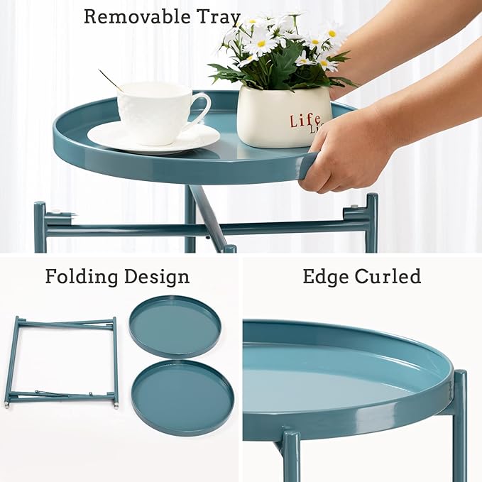 TeoKJ 2 Tier Round Side Table, Folding Round Metal End Table Small Nightstand - Image 5