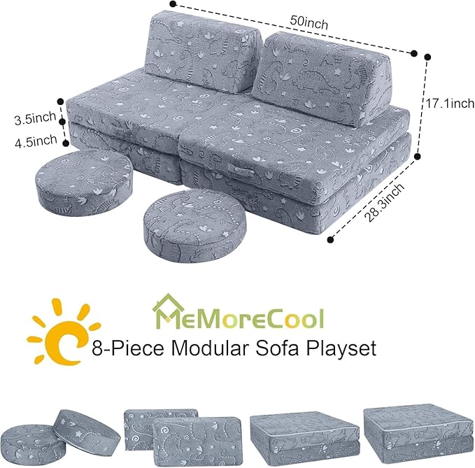 MeMoreCool 8-Piece Kids Modular Play Couch — Glow-in-The-Dark Dinosaur Foam - Image 3