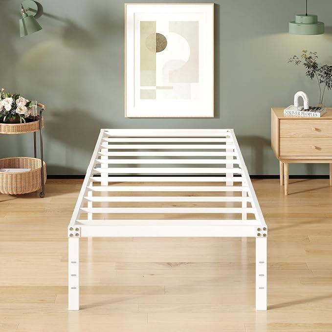 16 Inch White Twin Bed Frames No Box Spring Need, Metal Platform Bed Frame Twin by Upcanso