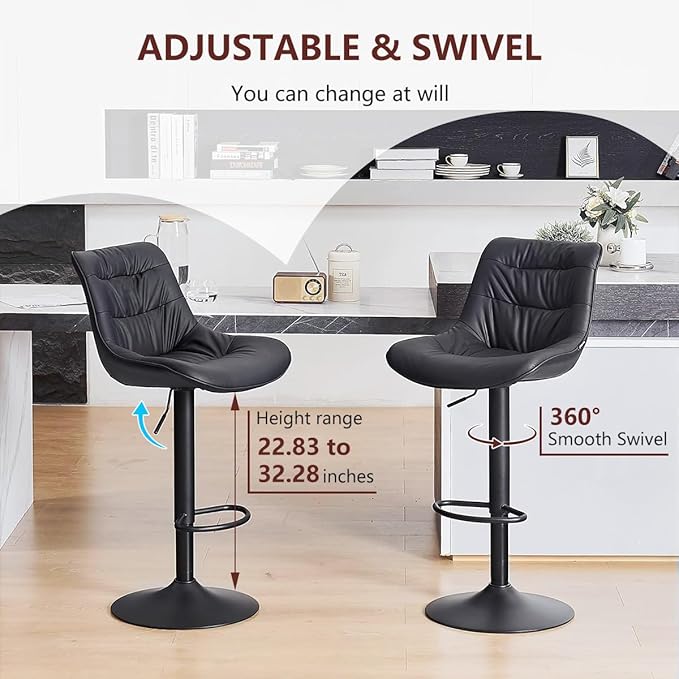 Kidol & Shellder Bar Stools Set of 2 Adjustable Swivel Black, PU Leather - Image 6