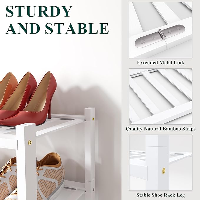 Smiry Shoe Rack, 3 Tier Small Bamboo Shoe Organizer, Stackable Free Standing - Image 3