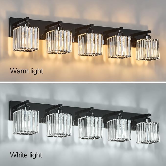 Modern Bathroom Vanity Light 5-Lights Plating Black Crystal Bathroom Wall Light - Image 4