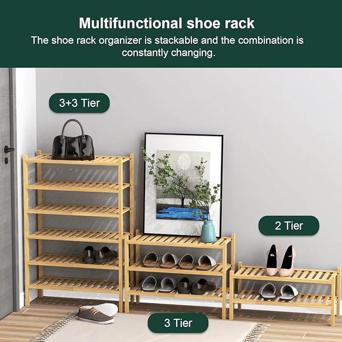 Bamboo Shoe Rack 2-Tier Organizer-Stackable Storage Shelf - Image 7