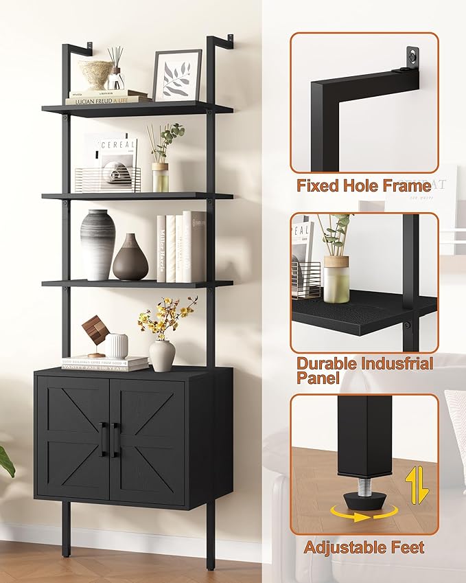 Yusong 73" Tall Bookshelf with Cabinet, Industrial Ladder Wall Mount Shelf - Image 5