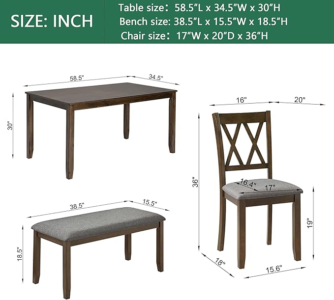 soges 6 Piece Kitchen Dining Set, Rectangular Wooden Dining Table - Image 3