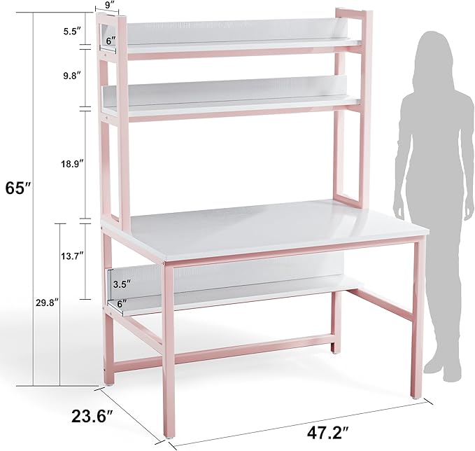 Aquzee Pink Desk with Hutch for Girls, 47in Computer Desk with Bookshelf for - Image 3