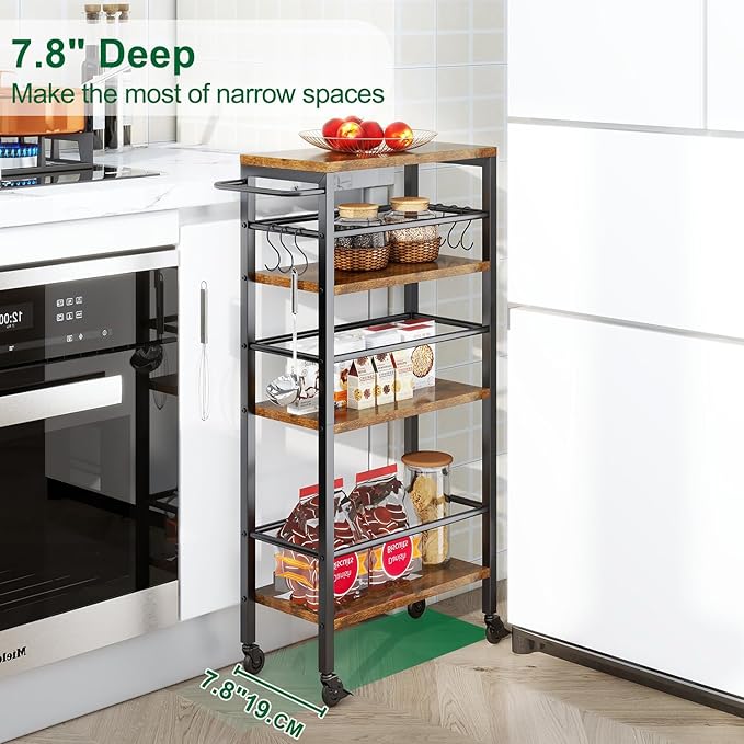 IBUYKE 7.8" Slim Rolling Cart, 4-Tier Metal Kitchen Storage Cart, Trolley cart - Image 2