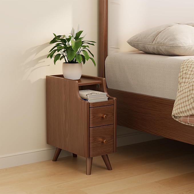 Small Nightstand with Drawers, Solid Wood Bedside Table, Narrow Walnut by AQIMUELE-Solidwoodfurniture