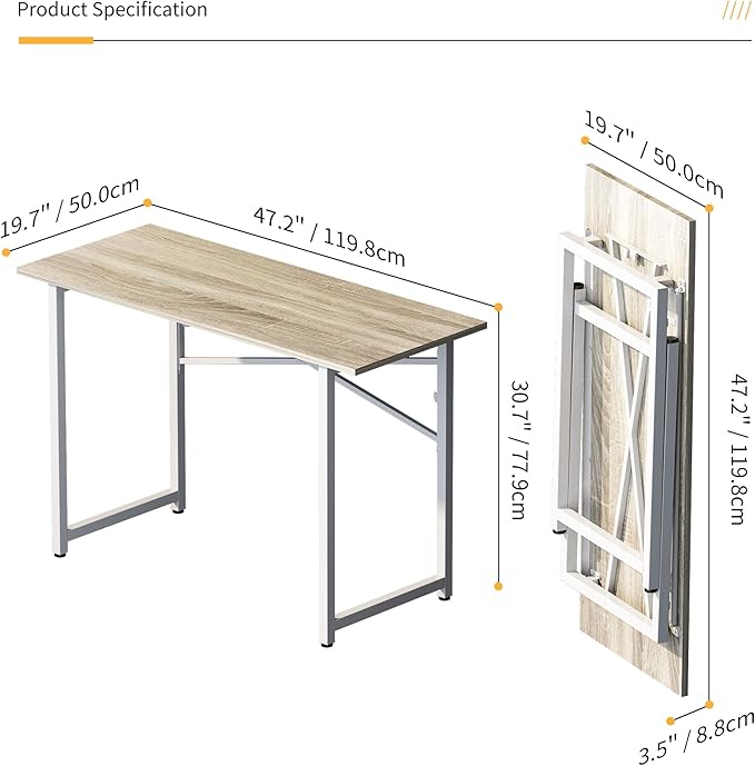Folding Desk 47 inch No Assembly Required Home Office Table, Writing Gaming - Image 3