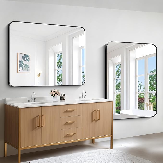 Bathroom Mirror, 48x36 inch Black Rectangle Wall Mirror, Metal Frame Rounded - Image 5