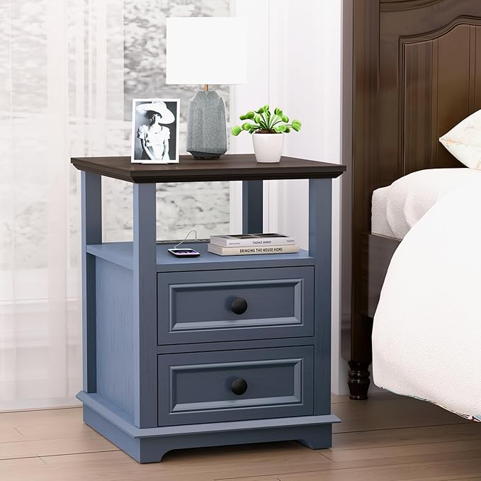 End Table with Fast USB C Charging Station, Large Storage Rustic Wood Square - Image 3