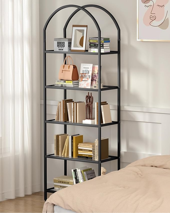Homhedy Bookshelf Arched Display Racks, Metal Bookcase, Tempered Glass Shelves - Image 6