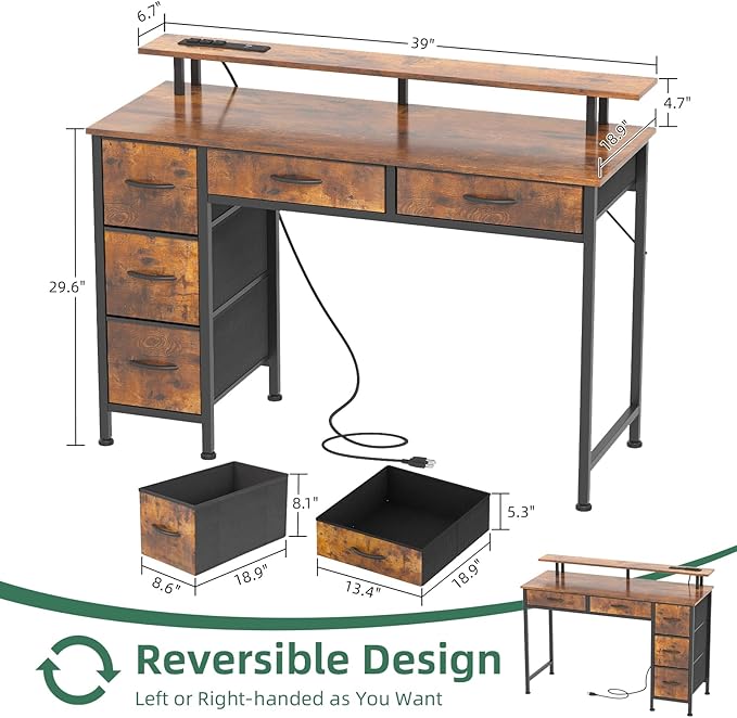 Computer Desk with 5 Drawers, Gaming Desk with LED Lights Power Outlets and - Image 3