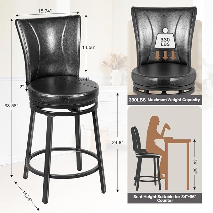 Bar Stools Set of 2, Counter Height Swivel Bar Chair - Image 2