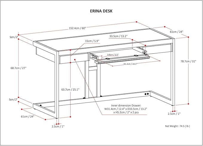 SIMPLIHOME Erina SOLID ACACIA WOOD Industrial 60 inch Wide Writing Office Desk - Image 3